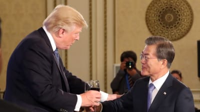 USA:s president Donald Trump skakar hand med Sydkoreas president Moon Jae-in.