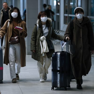 Tre damer iklädda ytterrockar och munskydd drar på var sin kappsäck i en flygplatskorridor.