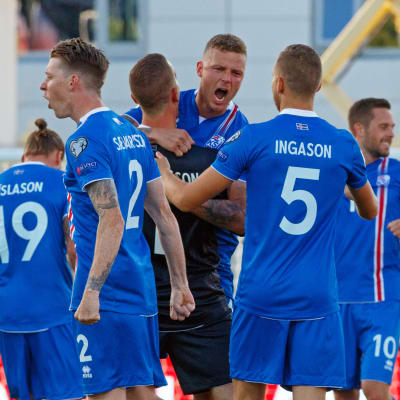 Isländska spelare firar efter 1-0 hemmasegern över Kroatien.
