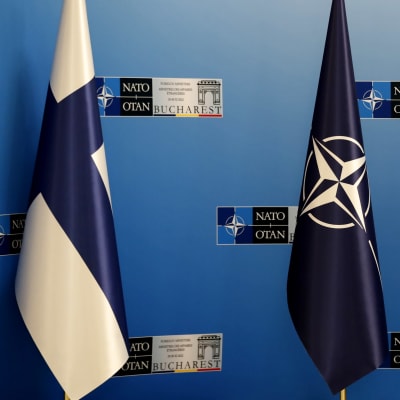 Suomen, Naton ja Ruotsin liput sinistä seinää vasten. Lippujen takana näkyy Naton Bukarestissa pidettävän kokouksen logoja.
