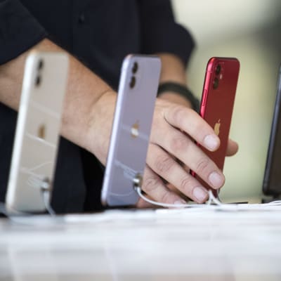 Fem Iphone 11-telefoner i olika färger på rad i ett köpcentrum i Dubai. En person håller i telefonen som är röd. Telefonerna är fotade så att bara baksidan med Apple-logon syns.