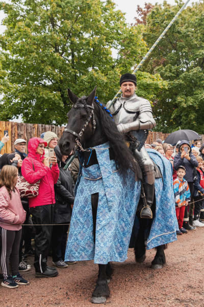 Haarniskaan pukeutunut mies ratsastaa mustalla hevosella, jolla on sininen kirjailtu loimi. Taustalla yleisöä.