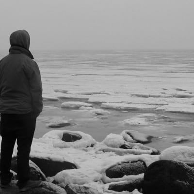 person står vid stranden och tittar ut över isen