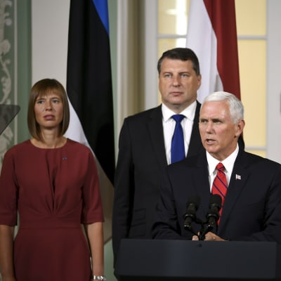 Estlands president Kersti Kaljulaid, Lettlands president Raimond Vejonis, USA:s vice president Mike Pence och Litauens president Dalia Grybauskaite i Tallinn 2017. 