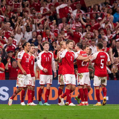 Danmark firar 5–0-segern över Israel.