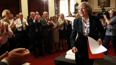 Inrikesminister Theresa May vid en presskonferens den 30 juni 2016.