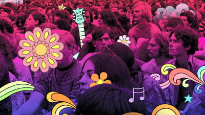 Kukkasgrafiikalla täytetty kuva Woodstockista.