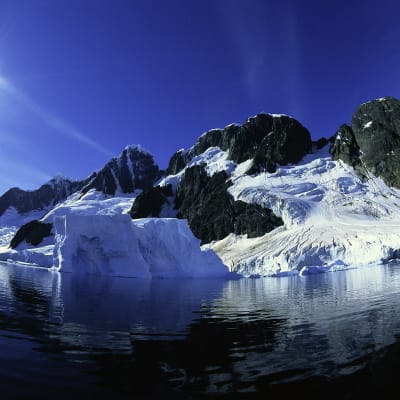 Nordpolen. I vattnet ligger ett stenigt berg som till hälften är täckt med tjocka lager is och snö. Himlen är blå och solen lyser klart.