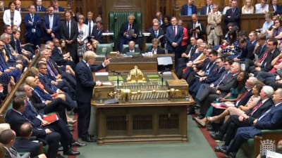 Premiärminister Boris Johnson håller sitt installationstal i underhuset 25.7.2019 