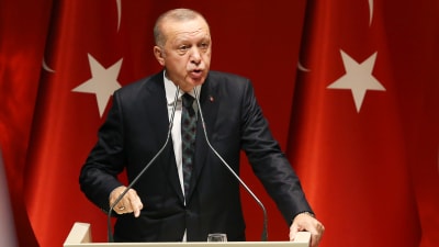 Turkiets president Recep Tayyip Erdogan står framför turkiska flaggor.