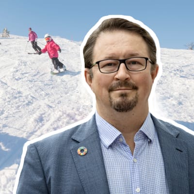 Bildmontage. I bakgrunden syns barn som skidar slalom. I förgrunden syns Mika Salminen inklippt.