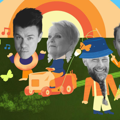 Värikkäässä ja hassussa piirroskuvassa kesäisissä tunnelmissa neljä muusikkoa.