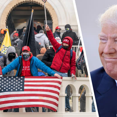 Collage av två bilder. Till vänster syns Donald Trump-anhängare utanför Capitolium 6.1.2021. Till höger syns Donald Trump som tittar åt sidan och ler.
