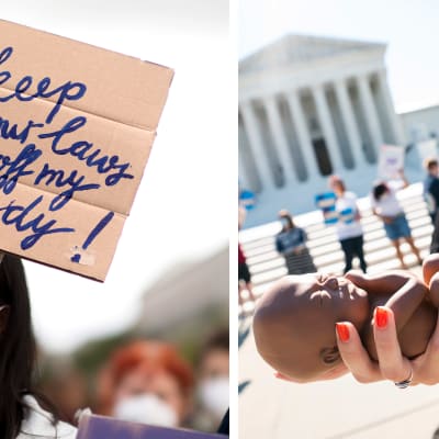 Collage med två bilder. Till vänster en kvinna som håller upp en skylt där det står "Håll tassarna borta från min kropp". Till höger en kvinna som håller i en proptyp av ett litet foster.
