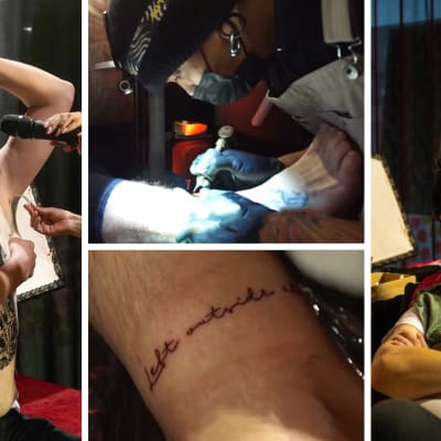 Collage av flera olika bilder. En man blir vaxad under armhålan, en man får ansiktsmassage och närbild av en tatuering.