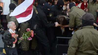 Belarusiska poliser griper kvinnor som deltar i en fredlig demonstration i Minsk 19.9.2020