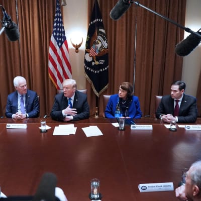 President Trump omgiven av kongressledamöter i möte runt ett stort bord, i bakgrunden USA:s flagga