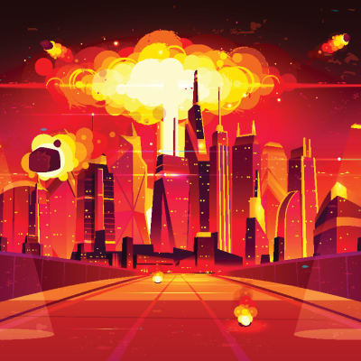 Exploderande atombomb över en fiktiv stad.