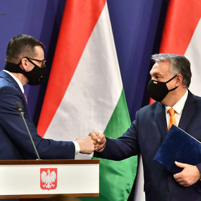 Morawiecki ja Orban tervehtivät nyrkissä olevin käsin.