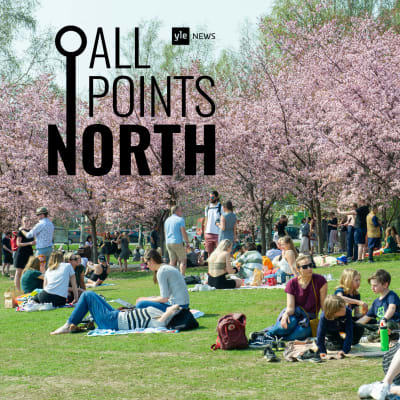 Ihmisiä istuu nurmikolla kukkivien kirsikkapuiden alla. Kuvassa "All points North" -logo.