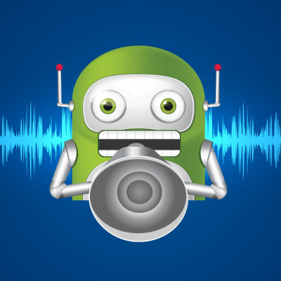 En tecknad gullig robot som pratar i en megafon.