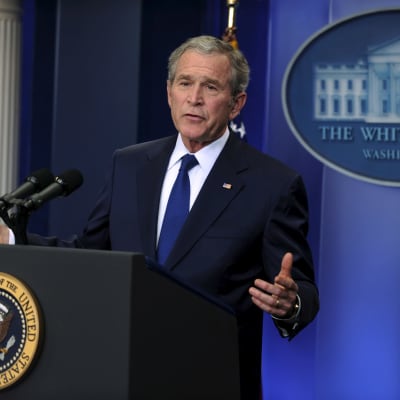 USA:s president George W. Bush under en presskonferens i Vita huset den 12 januari 2009. 
