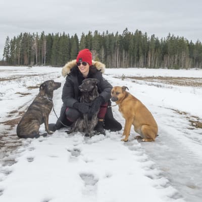 Elina Eskelinen on kyykyssä maassa ja hänen kolme koiraansa ovat hänen ympärillään.