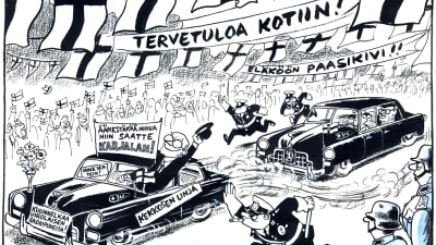 Kari Suomalaisen pilapiirros Urho Kekkosen vaalit 1956 kampanjoinnista.