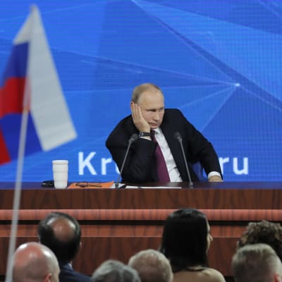 Rysslands president Vladimir Putin under sin årliga presskonferens som 2018 hölls den 20 december.  
