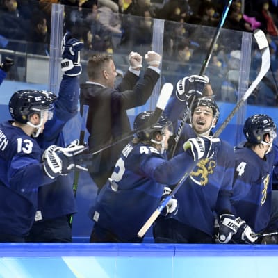Finlands spelare jublar med klubborna i luften på bytesbänken under gruppspelsmatchen mot Sverige.