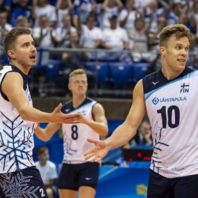 Finlands volleybollherrar gratulerar varandra efter seger.