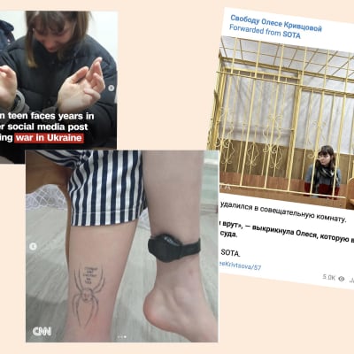 Sosiaalisen median postauksia, joissa on kuvia Olesja Krivtsovasta. 