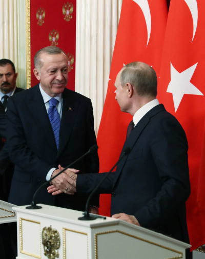 Turkiets president Recep Tayyip Erdogan och Rysslands president Vladimir Putin skakar hand