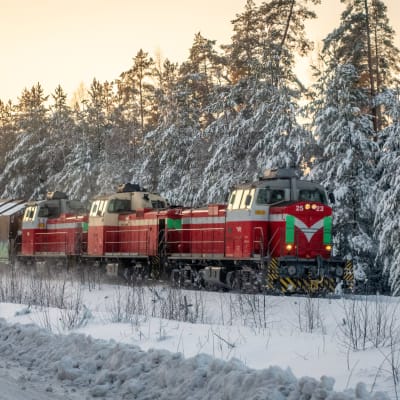 Ett dieseldrivet godståg på vintern.
