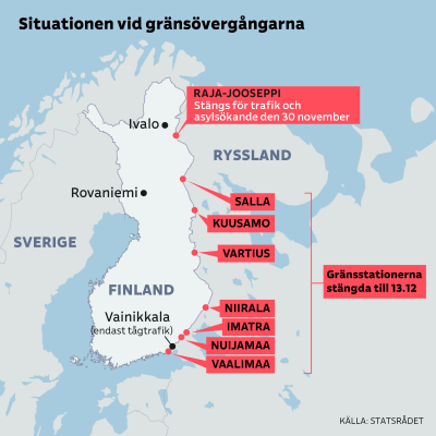 Karta över situationen vid gränsövergångarna vid Finlands östgräns: När Raja-Jooseppi stängs 30.11 är alla gränsstationerna stängda till 13.12.