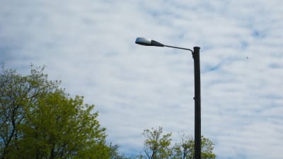 En ensam gatlampa i lite äldre modell vid sidan av gröna träd.