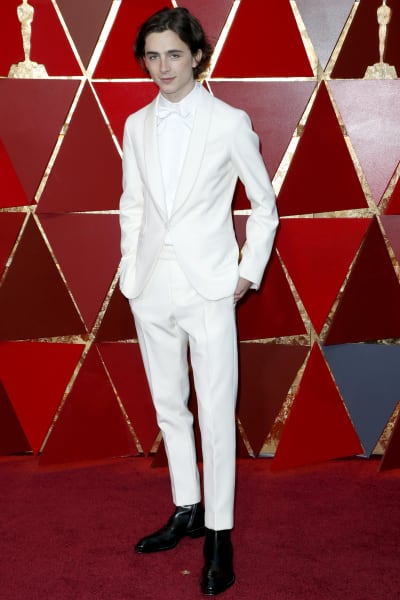 Timothee Chalamet på röda mattan inför Oscarsgalan 2018.