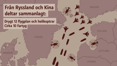En karta över Östersjön med texten: Från Ryssland och Kina deltar sammanlagt: Drygt 12 flygplan och helikoptrar, cirka 10 fartyg".