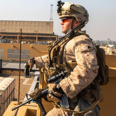 Amerikansk marinkårssoldat vid USA:s ambassad i Bagdad den 3 januari 2020.