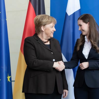Statsminister Sanna Marin och förbundskansler Angela Merkel i Berlin.