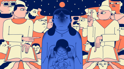 Illustration med mamma och dotter i mitten som skäms och religiösa fanatiker i bakgrunden