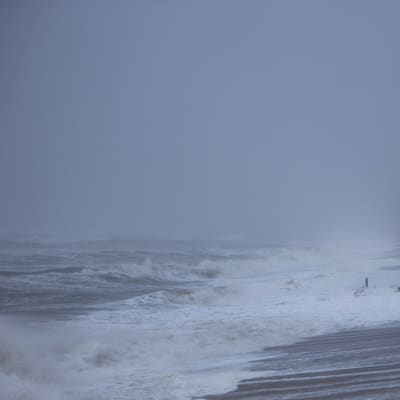 Stormvågor slår mot strand.