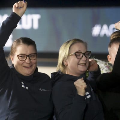 Coaches Titta Heikkilä (R) and Teija Kukkola of team Minetit after the finals of the World Championships in aesthetic group gymnastics in Helsinki, Finland, on November 21,