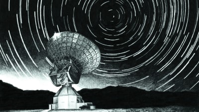 Ett radioteleskop och stjärnor.