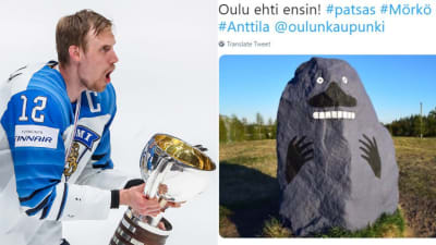 Marko Anttila och en staty av Mårran.