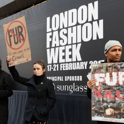 Djurrättsaktivister protesterar mot pälsanvändning under modeveckan i London i februari 2017.  