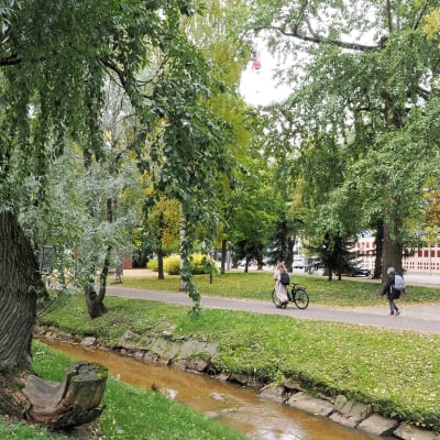 Kaupunkipuisto, jonka läpi virtaa puro, jonka vieressä kulkee kävelytie, jossa kaksi ihmistä kulkemassa. Syysruskaa puissa.