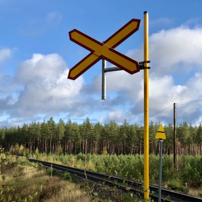Tågspår i höstsol, vid Skogby plankorsning