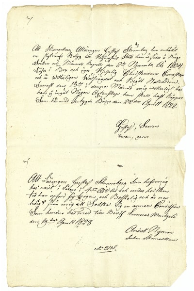 Vanha asiakirja, jossa kaunokirjoitettua tekstiä allekirjoituksineen kahdessa eri osassa. 