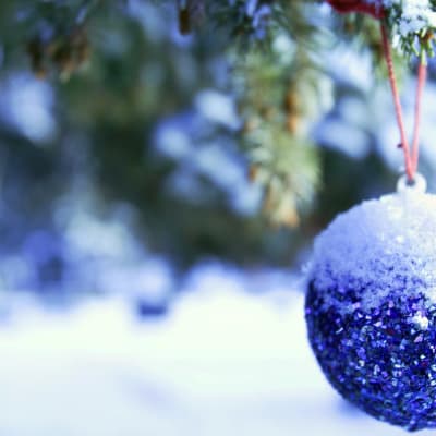 Luminen ja sininen joulukuusen pallo kuusessa. 